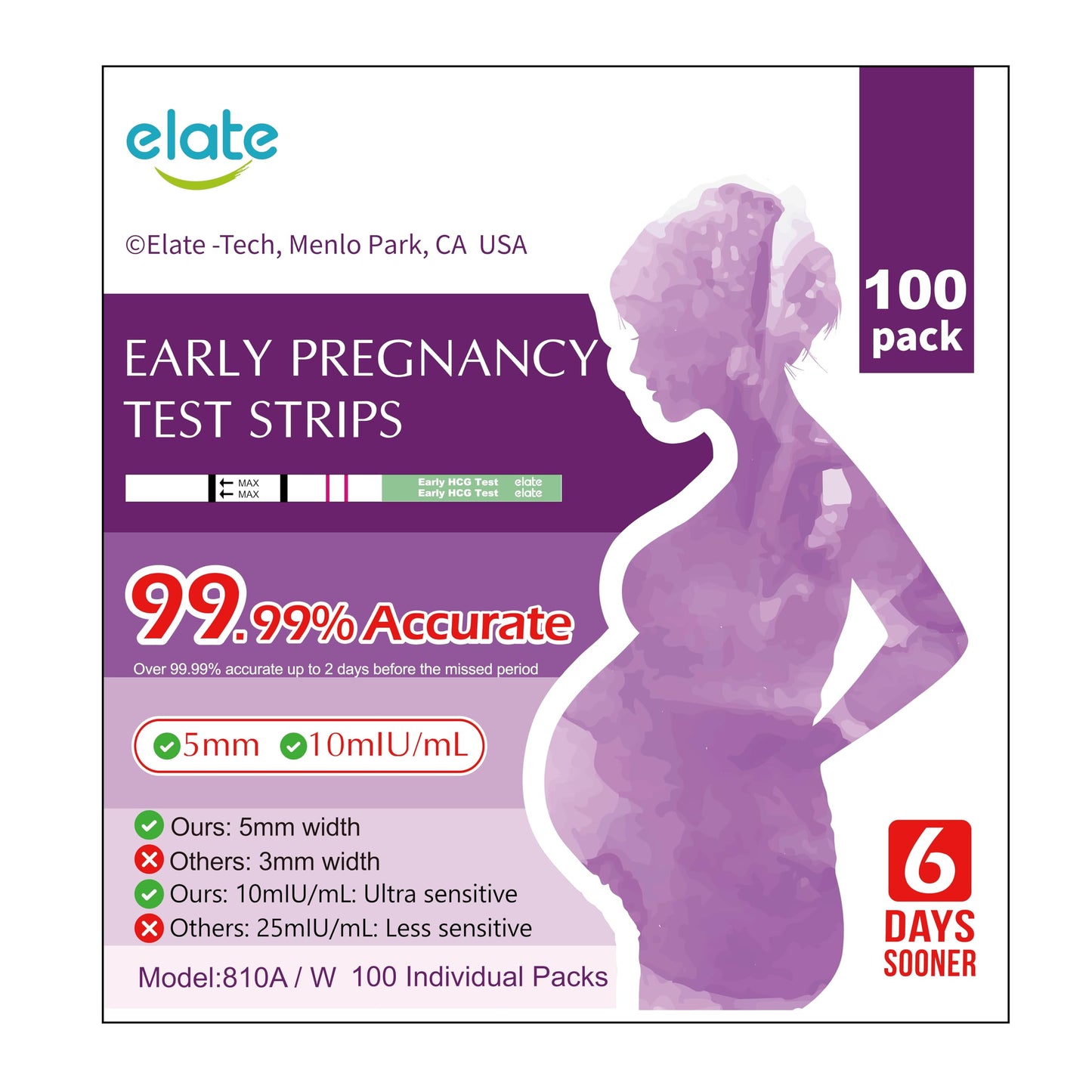 Elate Early Detection Pregnancy Test Strips – 6 Days Early, 100 Count