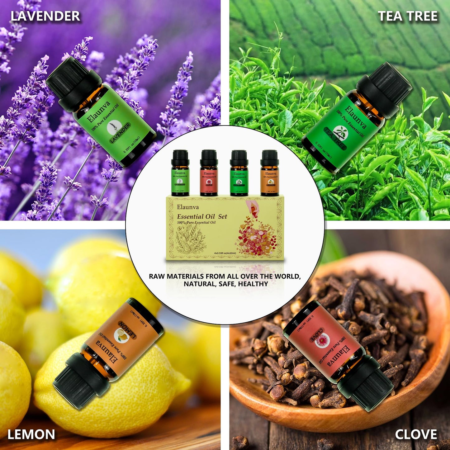 Elaunva Essential Oils Set – 4x10ml Pure Aromatherapy Oils (Lavender, Clove, Tea Tree, Lemon)