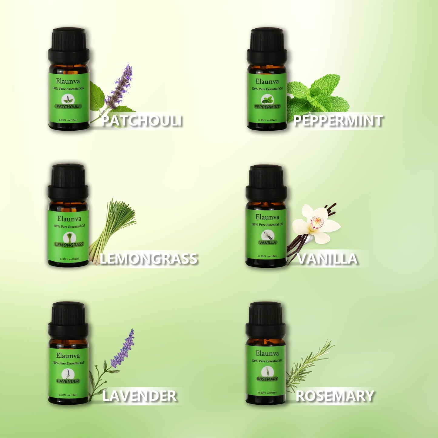 Elaunva Essential Oils Set – 6 Pure Natural Scents (Peppermint, Patchouli, Rosemary, Lemongrass, Vanilla, Lavender) for Aromatherapy & Home Fragrance – 0.33 Fl oz x6