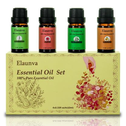 Elaunva Essential Oils Set – 4x10ml Pure Aromatherapy Oils (Lavender, Clove, Tea Tree, Lemon)