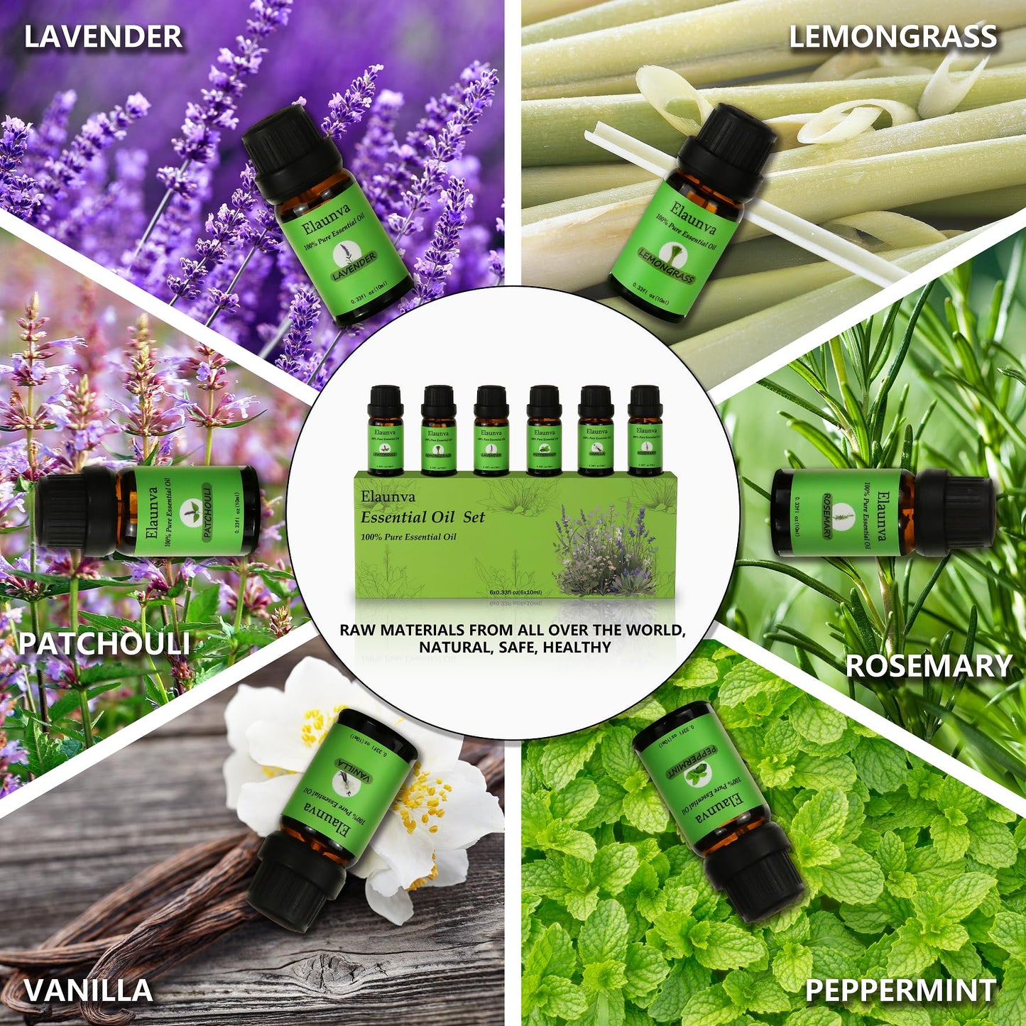 Elaunva Essential Oils Set – 6 Pure Natural Scents (Peppermint, Patchouli, Rosemary, Lemongrass, Vanilla, Lavender) for Aromatherapy & Home Fragrance – 0.33 Fl oz x6