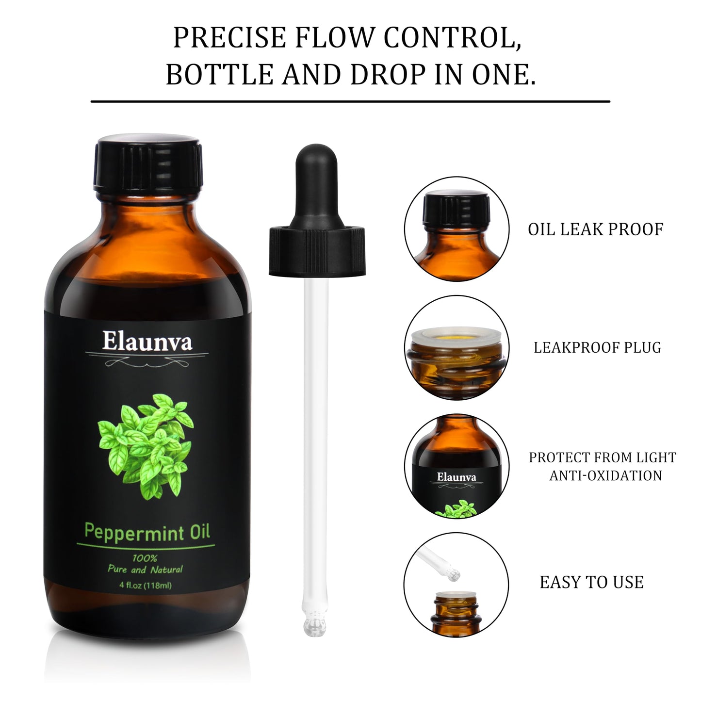 Elaunva Peppermint Essential Oil - 4 oz / 118 ml | 100% Pure & Natural for Aromatherapy, Diffusers, Candles & Soaps