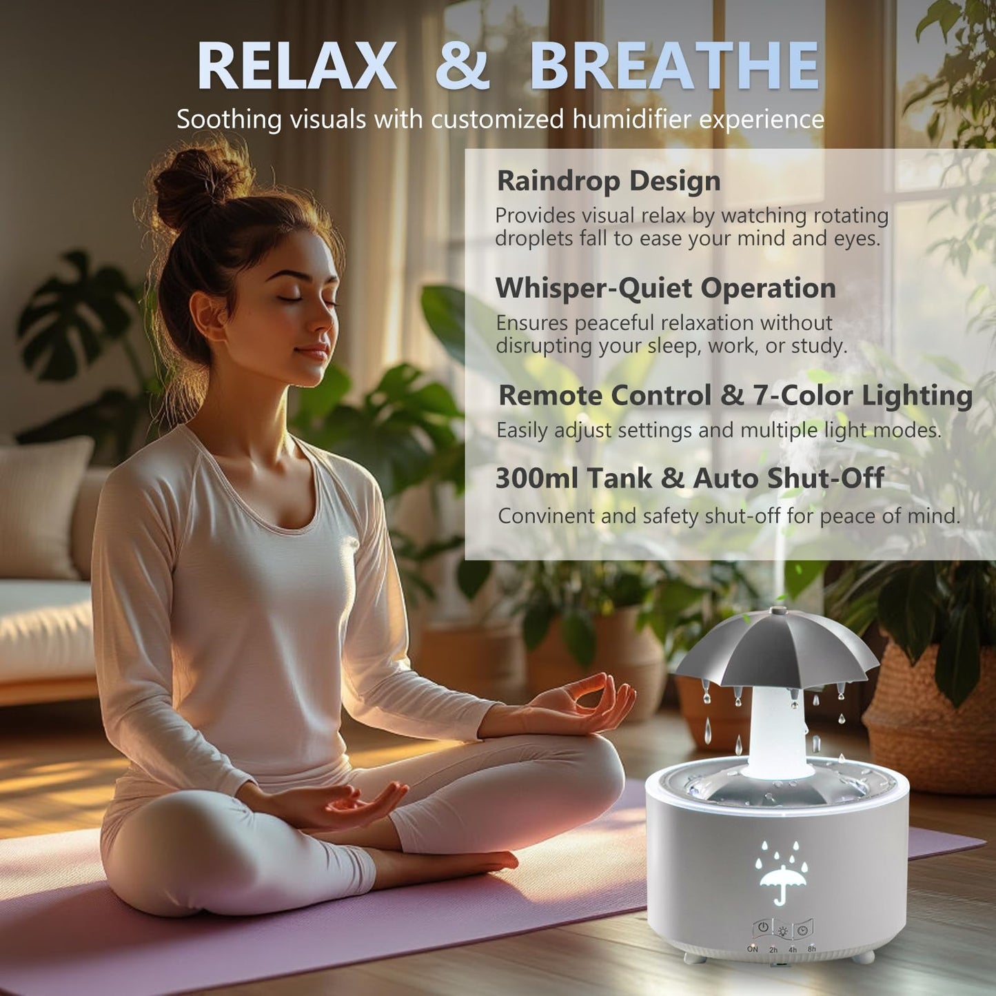 Elcxsla Essential Oil Diffuser 350mL – 360° Rotating Raindrop, Remote, 7-Color Mood Light