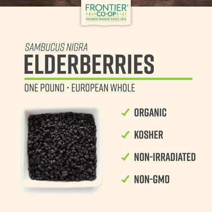 Frontier Co-op Organic Dried Elderberries - 1lb Bulk Bag (European Whole) | Kosher & Non-GMO