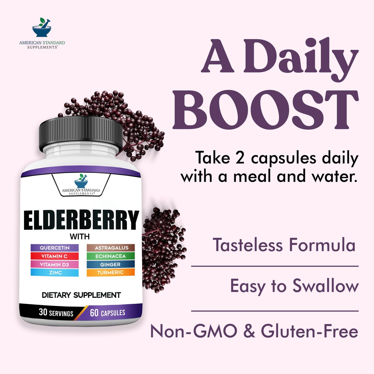 American Standard 8-in-1 Elderberry Supplement – 60 Capsules, 30 Servings