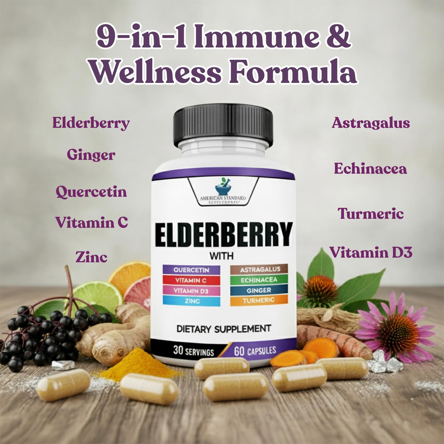 American Standard 8-in-1 Elderberry Supplement – 60 Capsules, 30 Servings