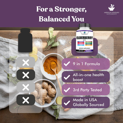 American Standard 8-in-1 Elderberry Supplement – 60 Capsules, 30 Servings
