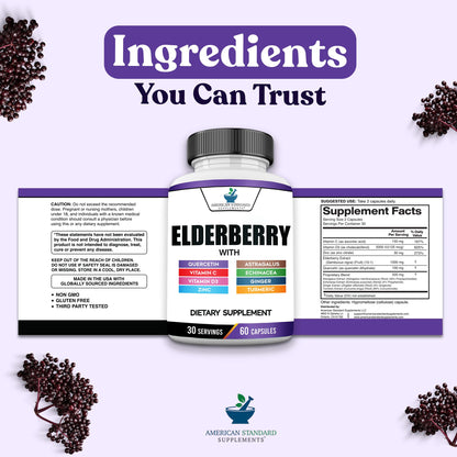 American Standard 8-in-1 Elderberry Supplement – 60 Capsules, 30 Servings