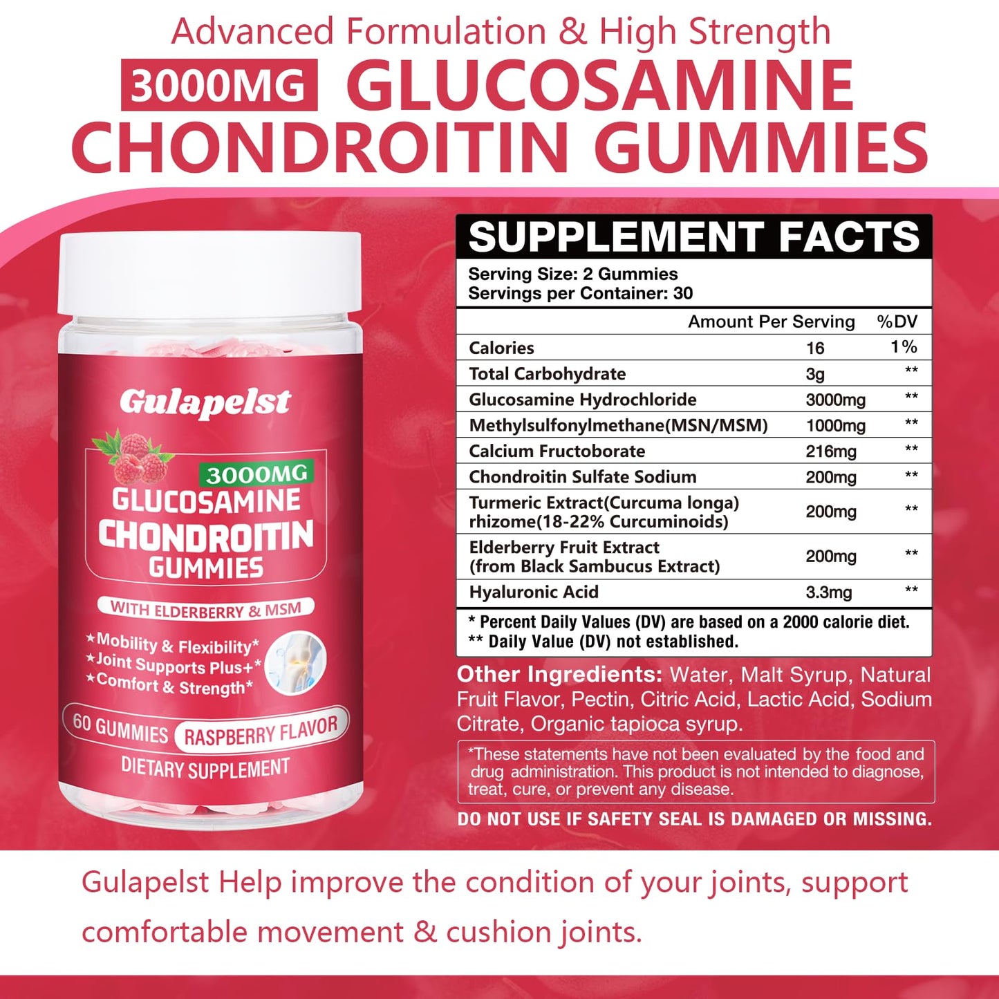 1 Pack 3000MG Glucosamine Chondroitin Gummies – Extra Strength Joint Health, MSM & Elderberry | 60 Gummies