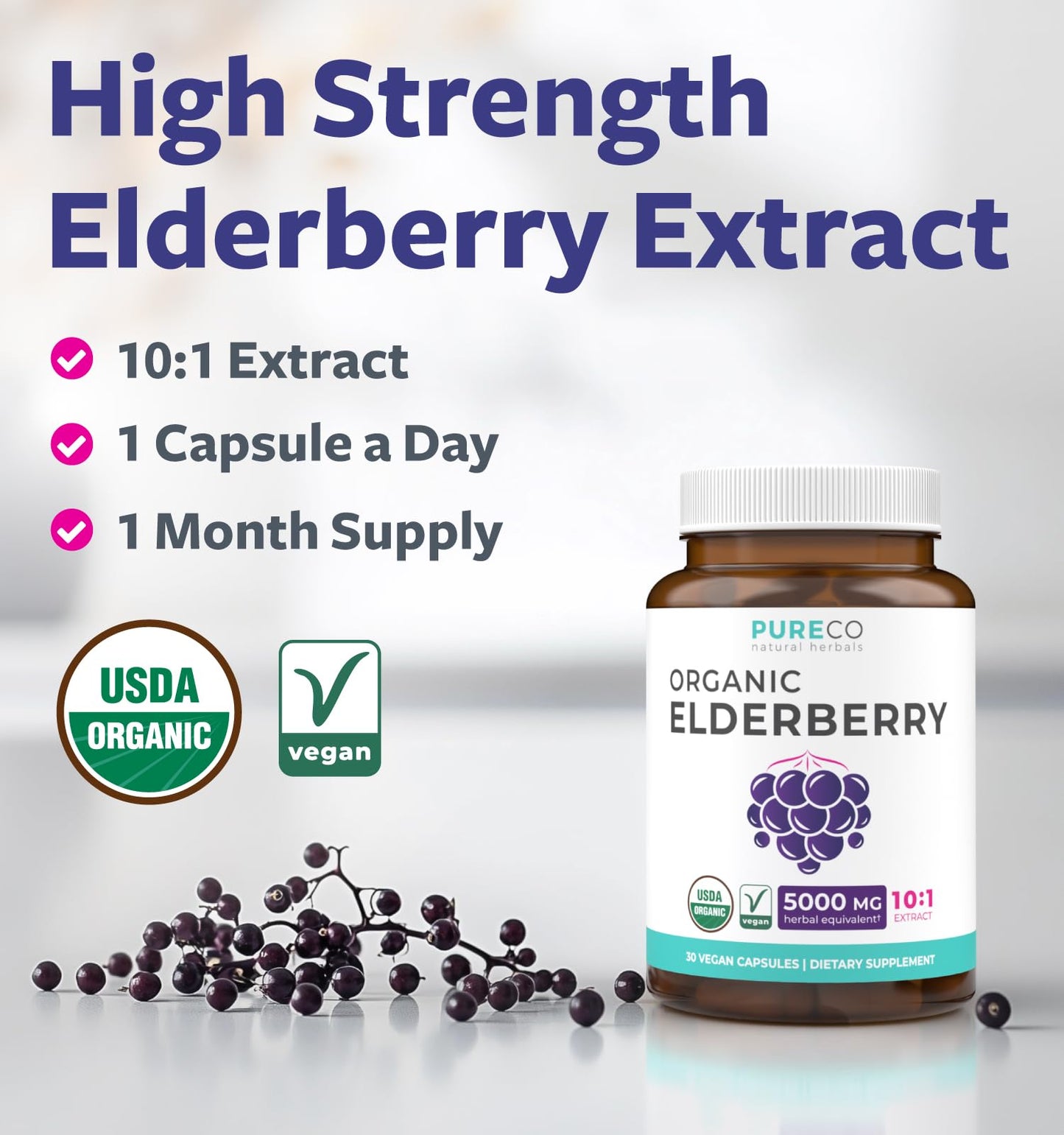 Organic Elderberry Capsules 10:1 Extract — 5,000mg Fresh Elderberries (Vegan) | Immune Support | Sambucus Nigra | 30 Caps