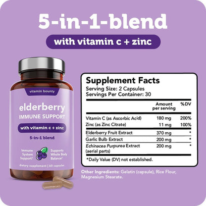 Vitamin Bounty Organic Elderberry Capsules – Sambucus, Vitamin C & Zinc (60)