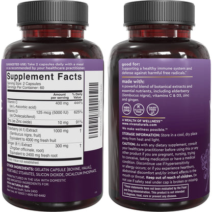 Viva Naturals Elderberry 5-in-1 Immunity Supplement - Vitamin C, D3 & Zinc