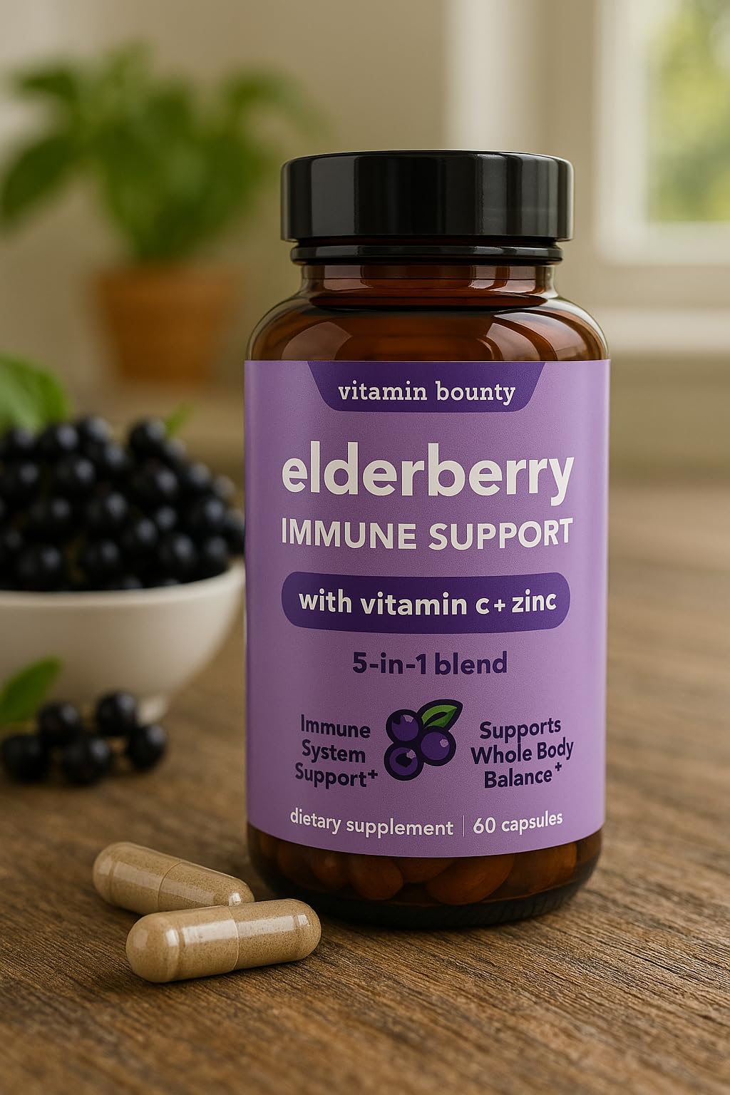 Vitamin Bounty Organic Elderberry Capsules – Sambucus, Vitamin C & Zinc (60)