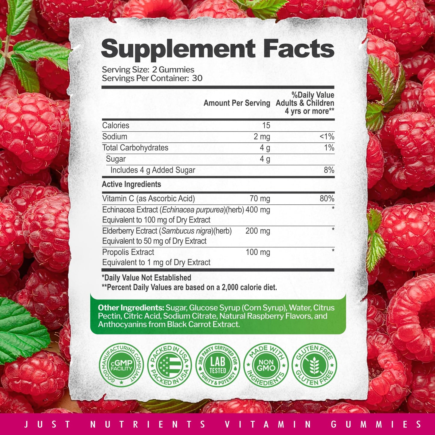 Elderberry Gummies with Vitamin C, Echinacea & Propolis (60 ct) – Immune Support – Raspberry Flavor – Gluten Free, Vegan