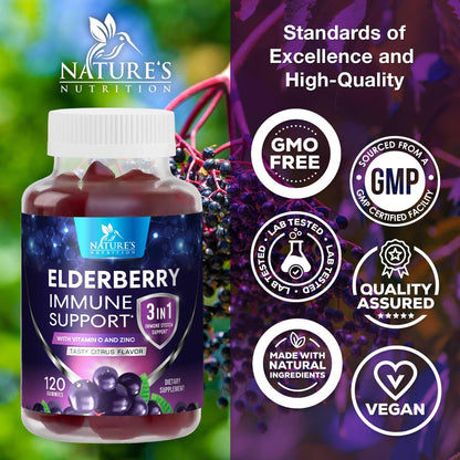 Elderberry Gummies with Vitamin C, D3 & Zinc – Immune Support for Kids & Adults (120 Gummies)