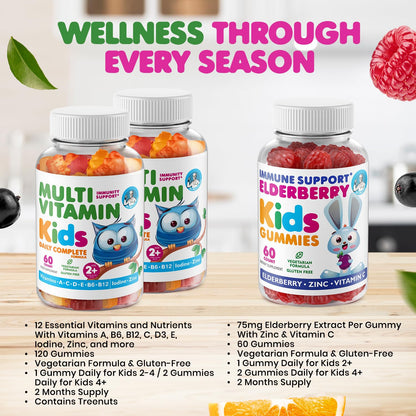 DR. MORITZ Kids Elderberry Gummies (60 Count) + Multivitamin Gummies Bundle (120 Count, 2 Pack) – Immune Support