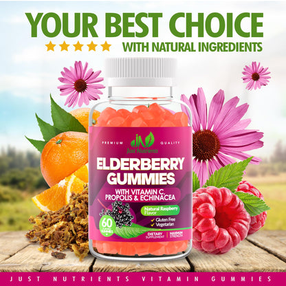 Elderberry Gummies with Vitamin C, Echinacea & Propolis (60 ct) – Immune Support – Raspberry Flavor – Gluten Free, Vegan