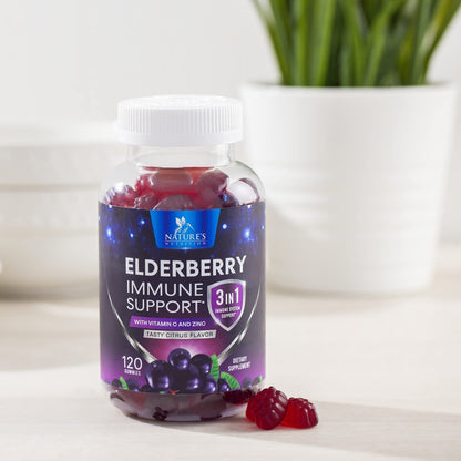 Elderberry Gummies with Vitamin C, D3 & Zinc – Immune Support for Kids & Adults (120 Gummies)