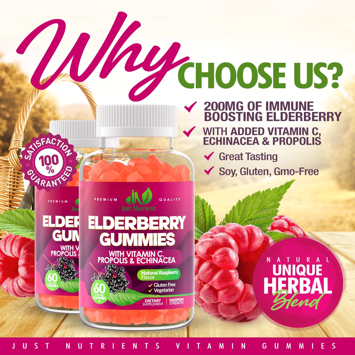 Elderberry Gummies with Vitamin C, Echinacea & Propolis (60 ct) – Immune Support – Raspberry Flavor – Gluten Free, Vegan