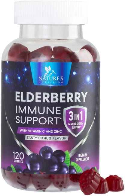 Elderberry Gummies with Vitamin C, D3 & Zinc – Immune Support for Kids & Adults (120 Gummies)