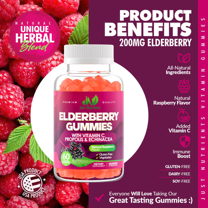 Elderberry Gummies with Vitamin C, Echinacea & Propolis (60 ct) – Immune Support – Raspberry Flavor – Gluten Free, Vegan