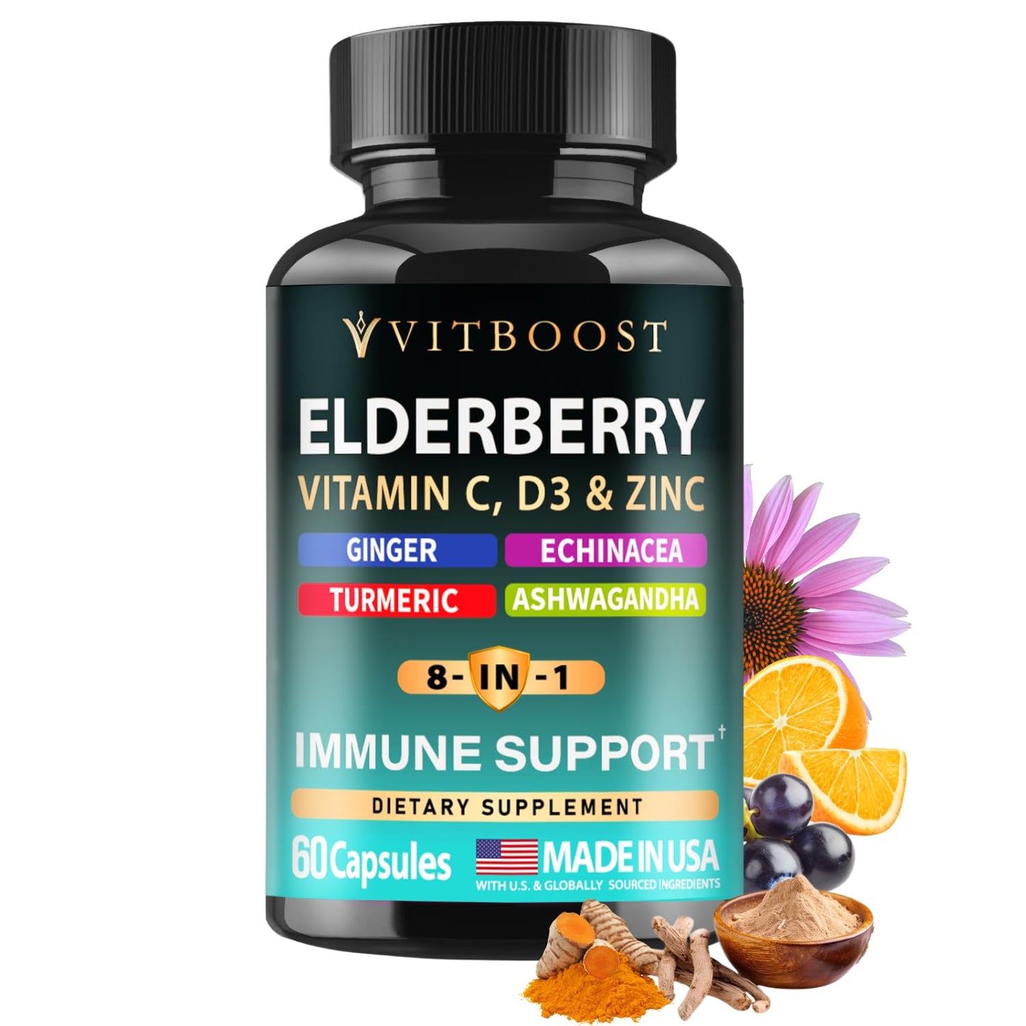 Elderberry Immune Support 8-in-1 Formula – 60 Capsules with Vitamin C, D, Zinc & Echinacea