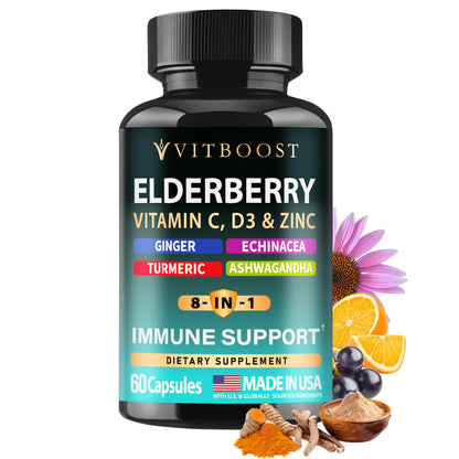 Elderberry Immune Support 8-in-1 Formula – 60 Capsules with Vitamin C, D, Zinc & Echinacea
