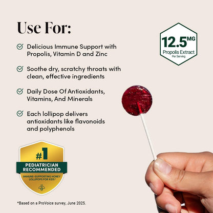Kids Throat Soothing Lollipops by Beekeeper's Naturals — Doctor Formulated Immune Support, Vitamin D & Honey, 15 ct
