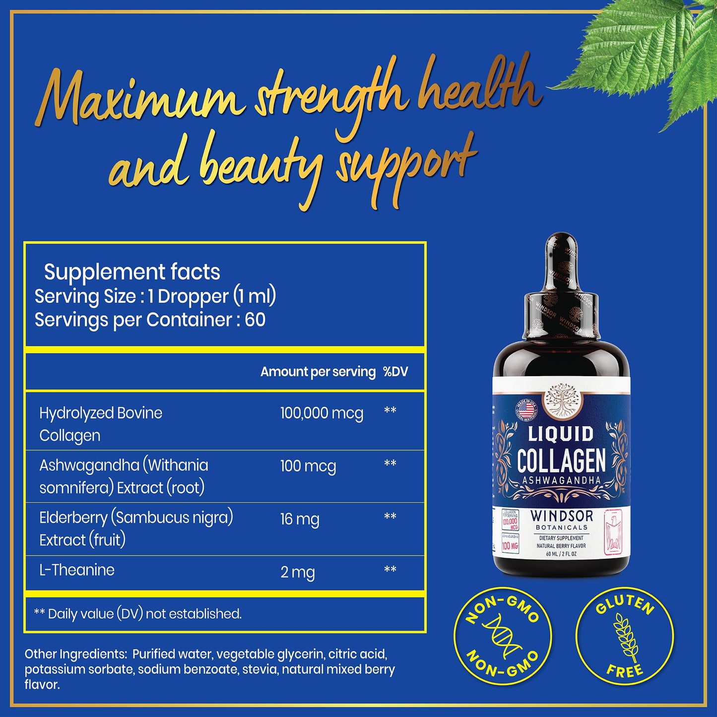 Liquid Collagen Drops with Ashwagandha & L-Theanine – 100,000 mcg, Hair, Skin & Nails, Mood & Energy – 2oz (60 Servings)