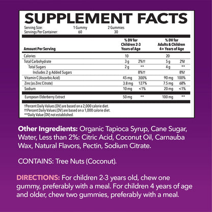 Elderberry Gummies for Kids with Zinc & Vitamin C – 60 Count (Vegan, Berry)