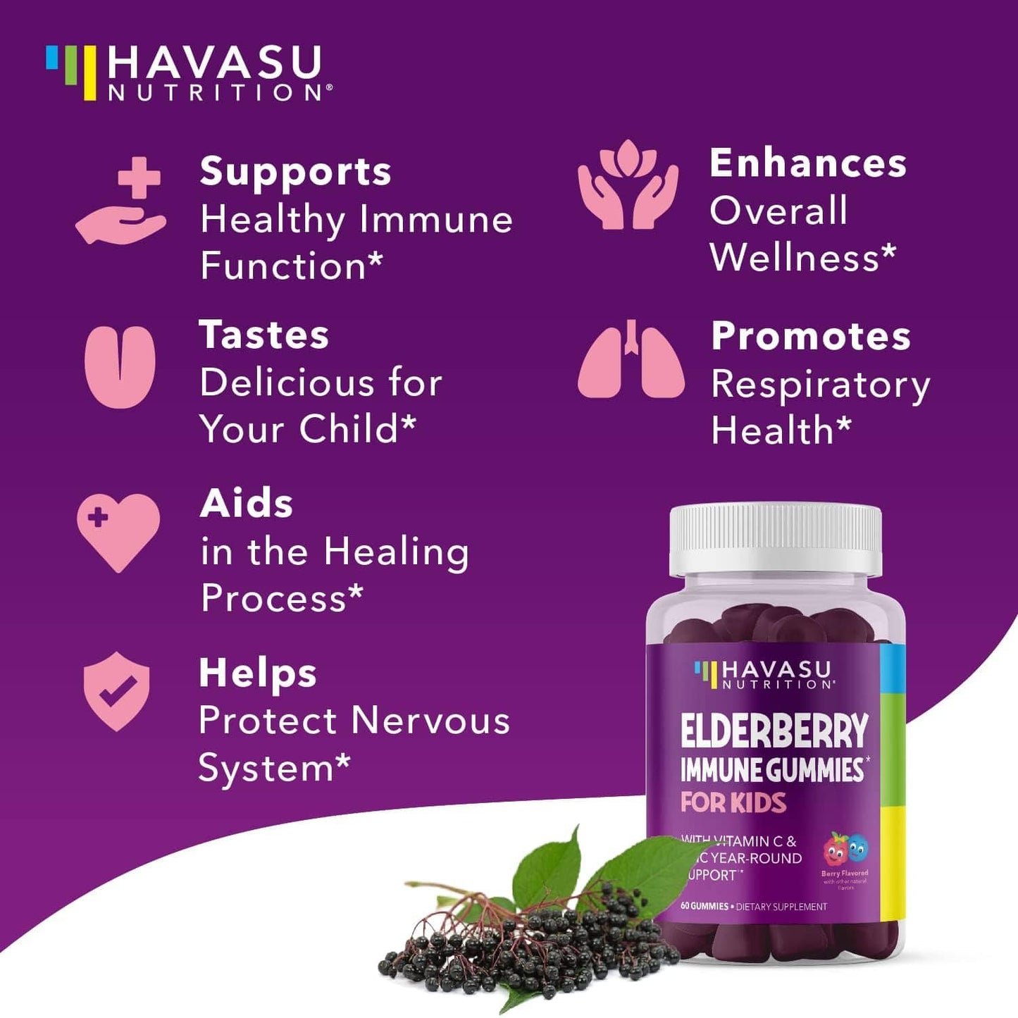 Elderberry Gummies for Kids with Zinc & Vitamin C – 60 Count (Vegan, Berry)