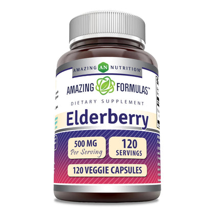 Amazing Formulas Elderberry Supplement – 500 mg, 10:1 Concentrate, 120 Veggie Capsules