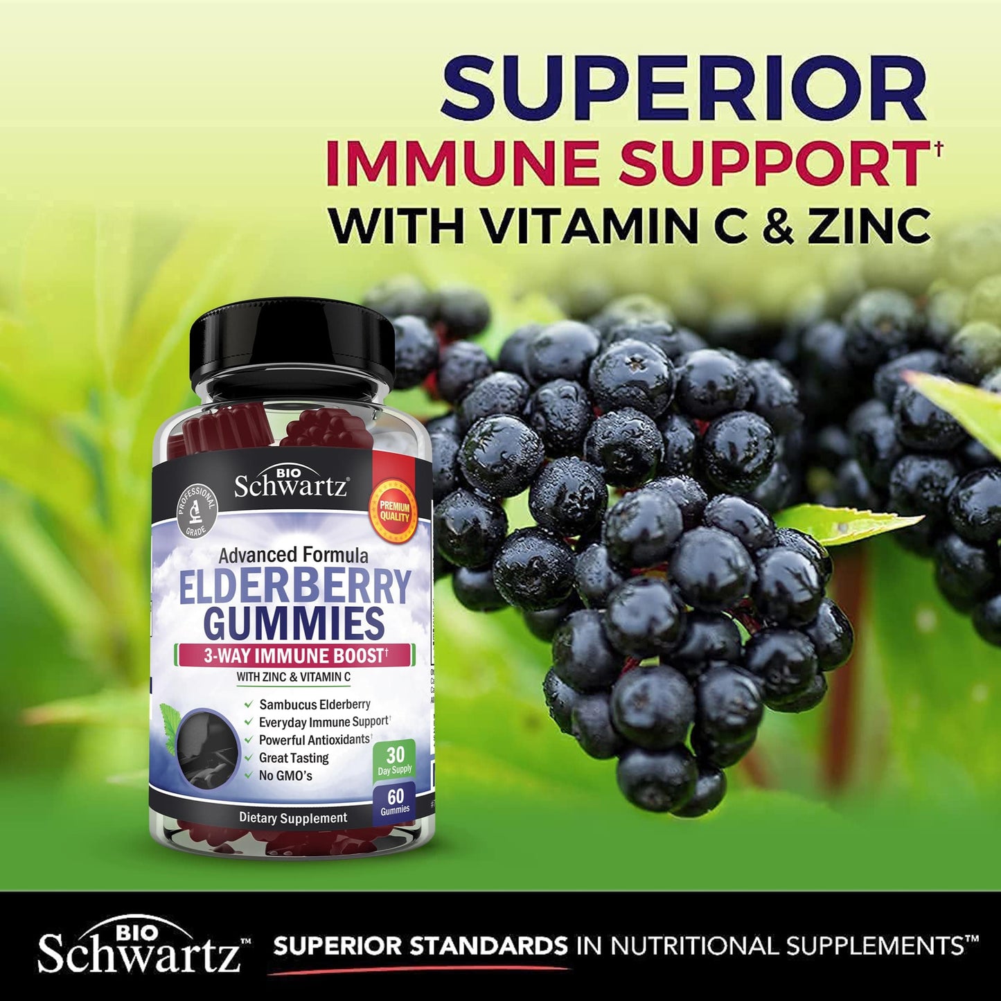 BioSchwartz Elderberry Gummies with Zinc & Vitamin C – Immune Support for Adults & Kids | 60 Count