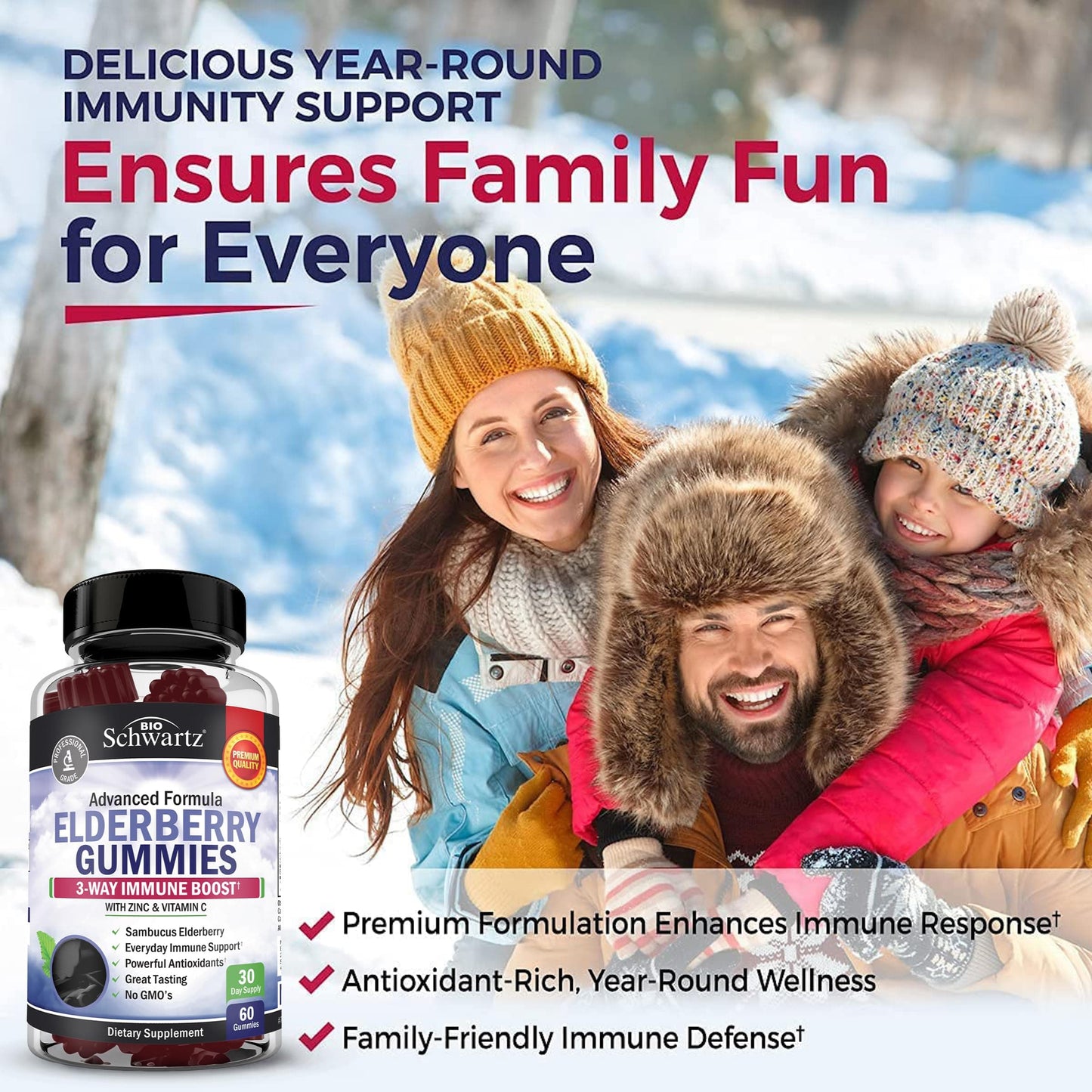 BioSchwartz Elderberry Gummies with Zinc & Vitamin C – Immune Support for Adults & Kids | 60 Count