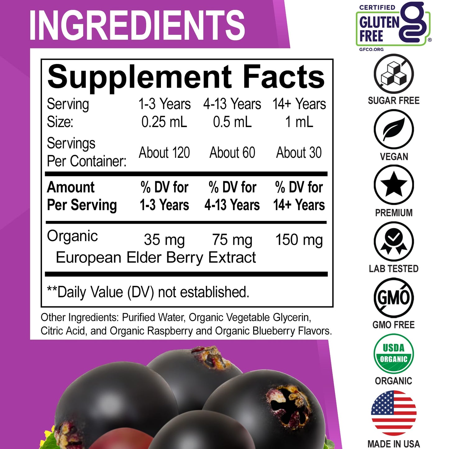 Elderberry Syrup Organic Liquid Drops – Sugar Free Immune Support for Adults & Kids (1 Fl Oz)
