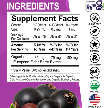 Elderberry Syrup Organic Liquid Drops – Sugar Free Immune Support for Adults & Kids (1 Fl Oz)