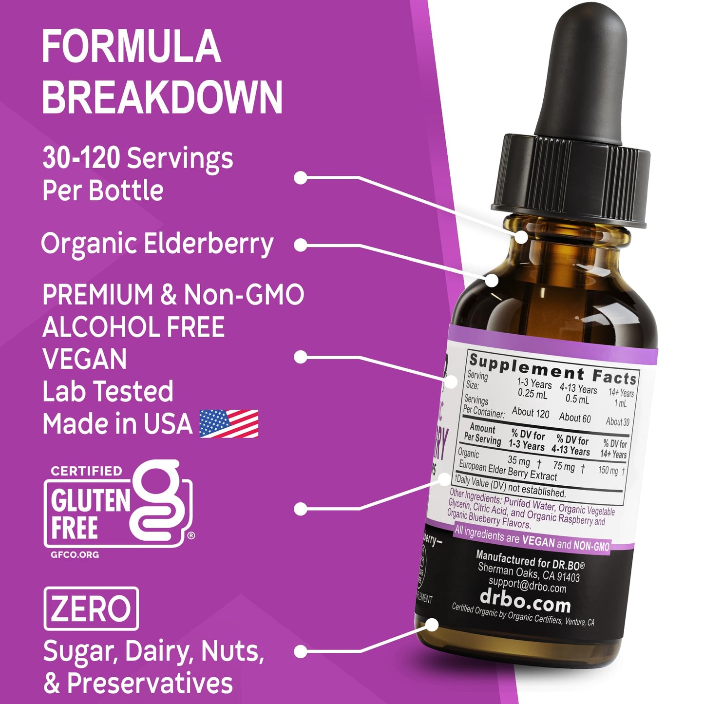 Elderberry Syrup Organic Liquid Drops – Sugar Free Immune Support for Adults & Kids (1 Fl Oz)
