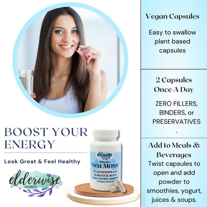 Elderwise Sea Moss Capsules 1400 mg - Burdockroot & Bladderwrack (Pack of 2)