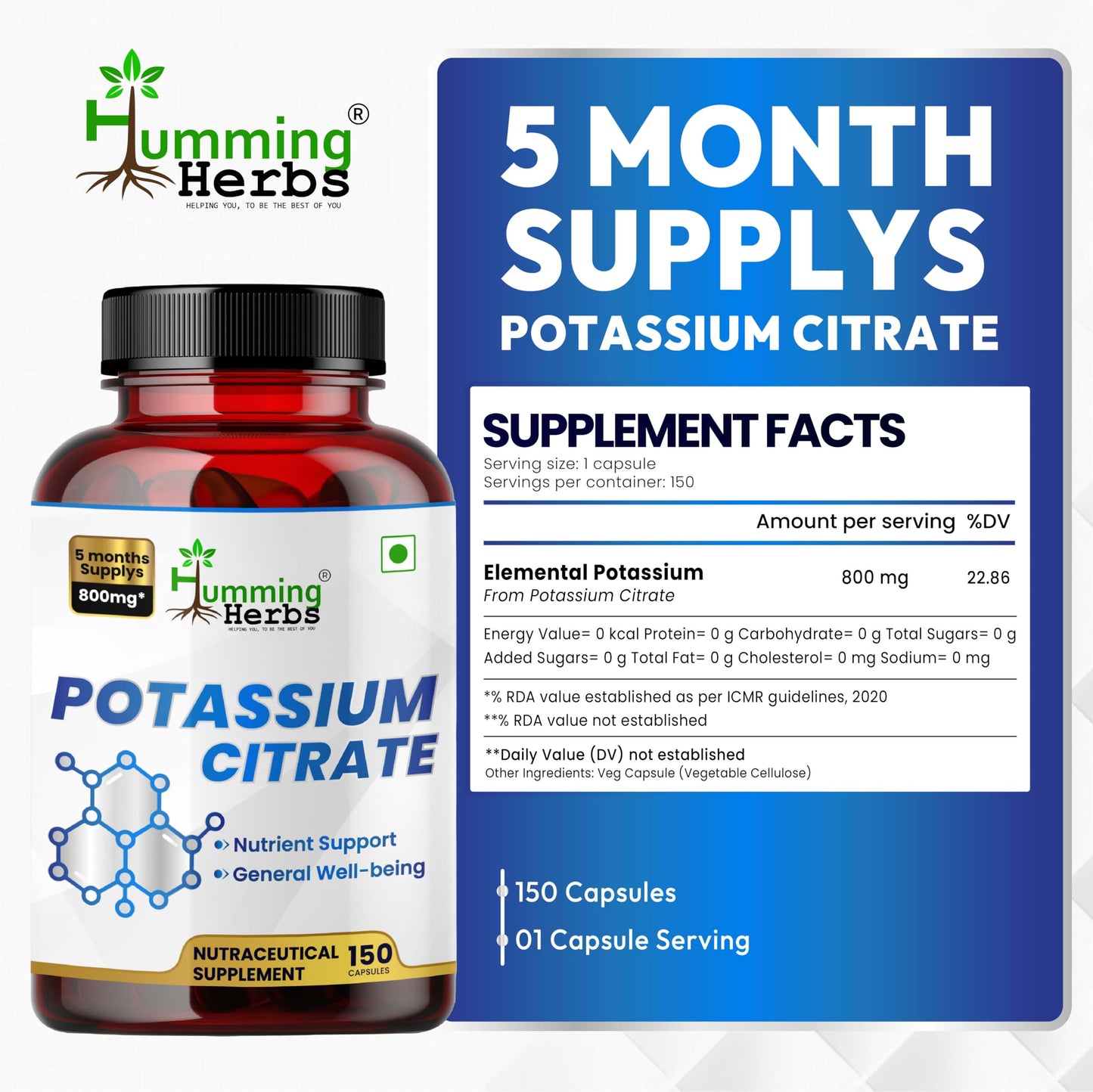 Potassium Citrate 800mg – 150 Vegan Capsules | Daily Electrolyte & Mineral Support | No Additives | Non-GMO