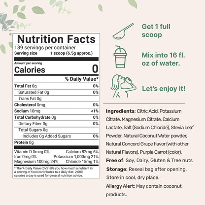 Micro Ingredients Hydration Electrolyte Powder – 2 lb (139 Servings) Concord Grape | High Potassium 1000 mg + Coconut Water | No Sugar, Keto, Non-GMO