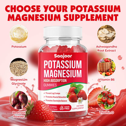 Potassium Magnesium Gummies with High Absorption Magnesium Glycinate, D3 & B6 – Strawberry Flavor (60 Count)