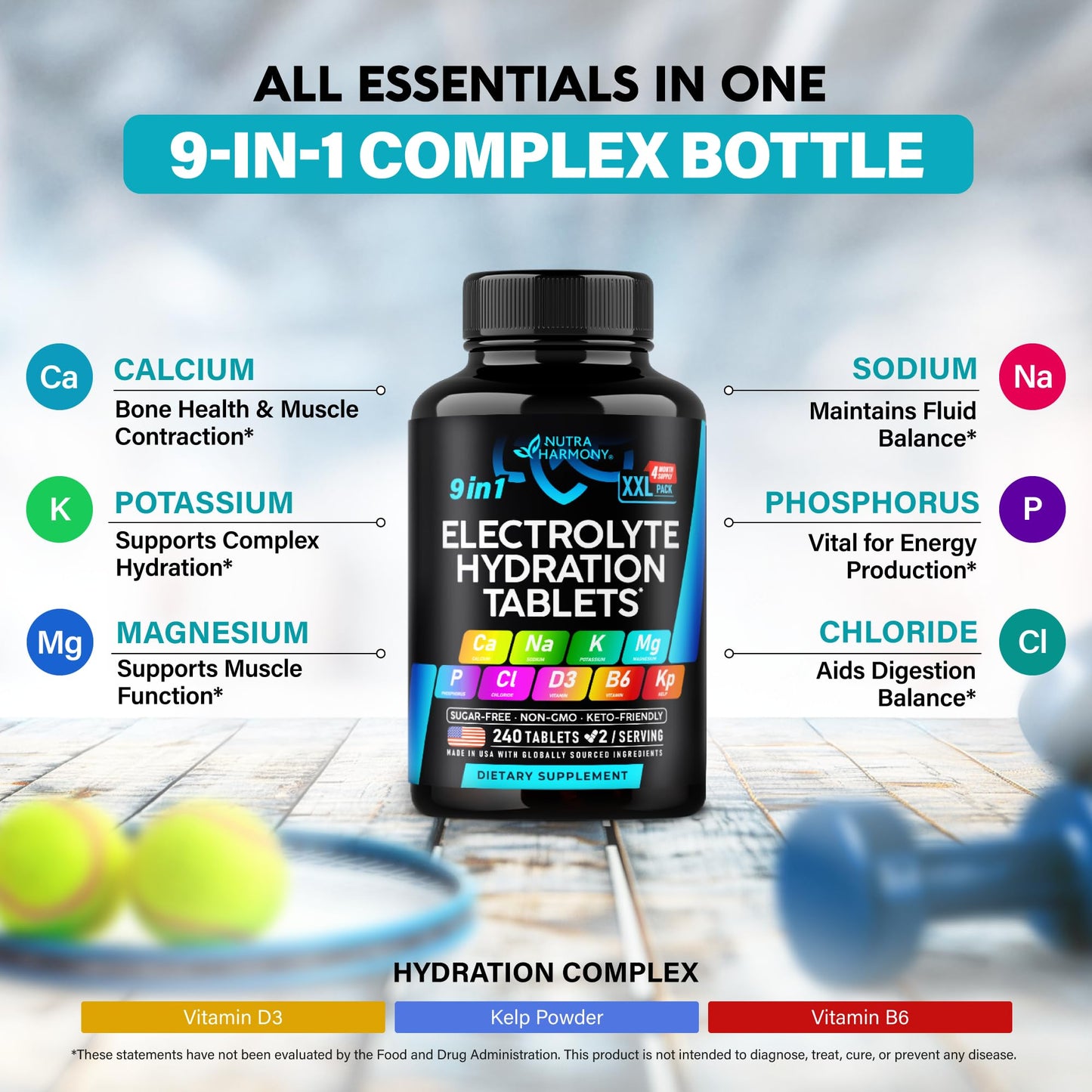 9-in-1 Electrolyte Tablets – Magnesium, Sodium, Potassium, D3 & B6, Kelp | Made in USA | 240 Tabs
