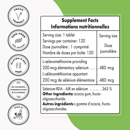 SuperSmart L-Selenomethionine 200mcg Selenium – High Absorption, Non-GMO, Gluten Free | 120 Tablets
