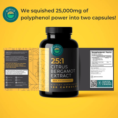 Citrus Bergamot Extract 1000mg Capsules – 25:1 | 50% Polyphenols | 5mg Black Pepper | Vegan & Non-GMO | 180 Capsules | Eleva Nutrition