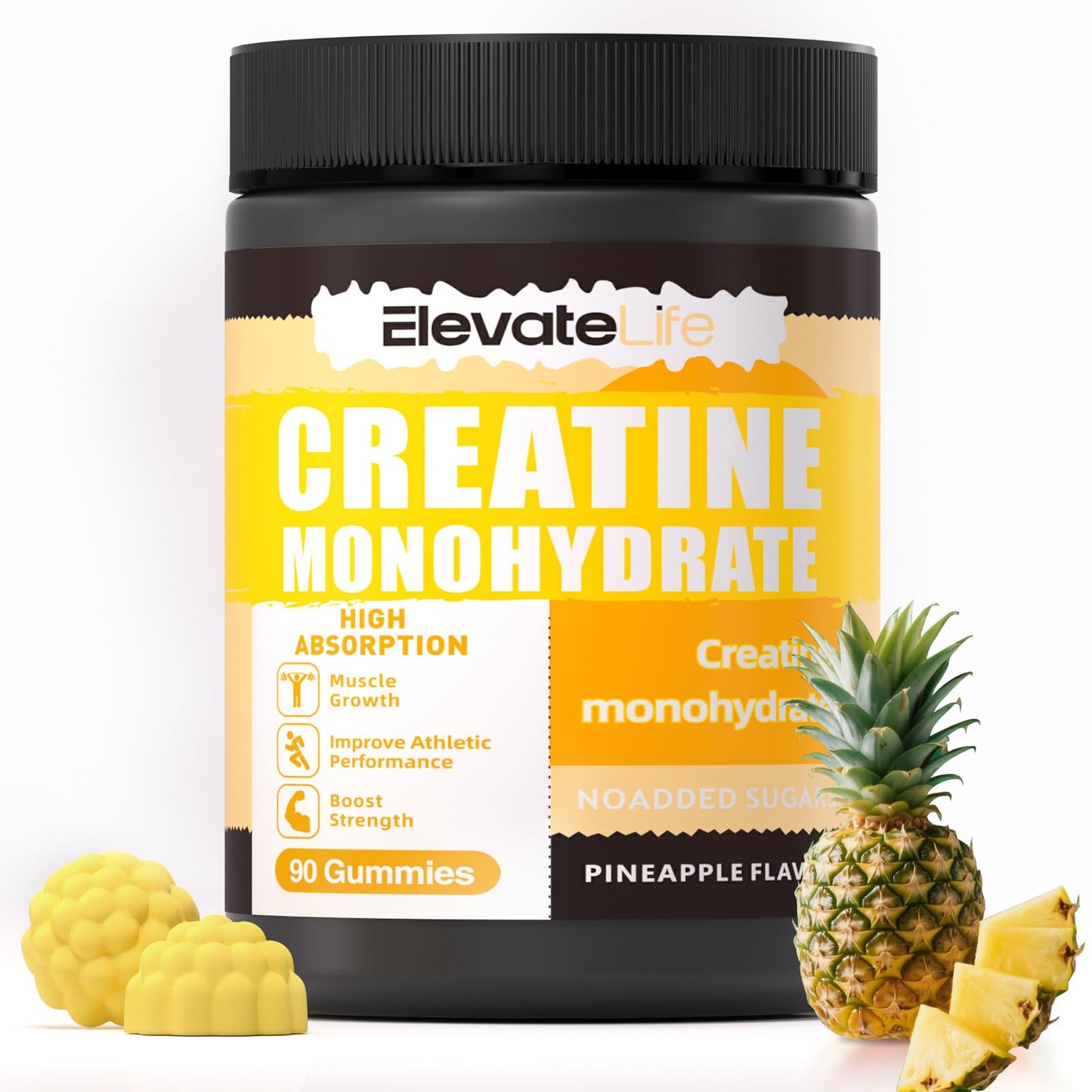 Creatine Monohydrate Gummies 5000mg – 90 Pineapple Chewables for Men & Women | ElevateLife