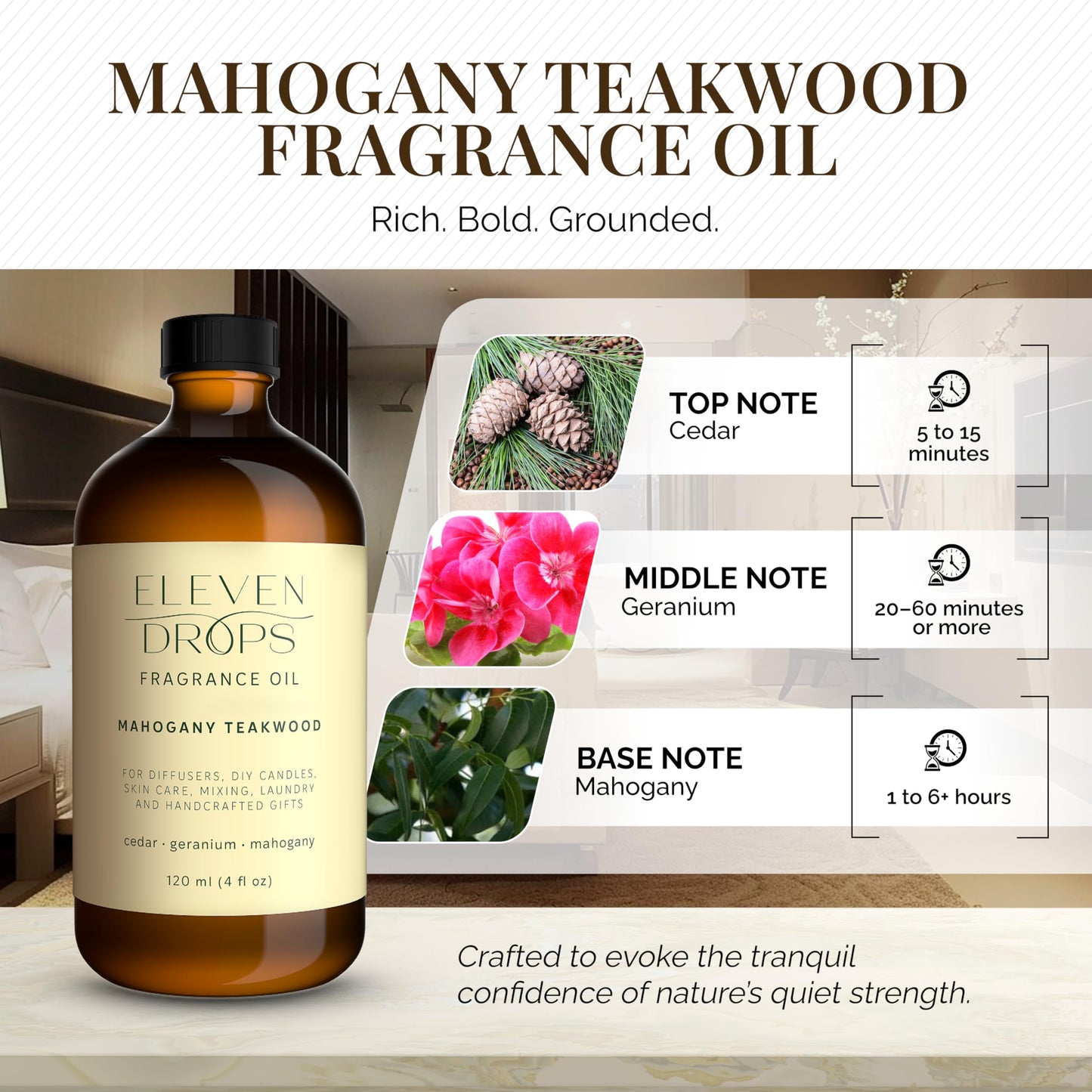 Eleven Drops Mahogany Teakwood Diffuser Oil – Premium 4oz, Made in USA, Pet-Friendly