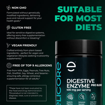 ELICORE Digestive Enzyme Pro Blend – Bromelain & Papaya, Gluten-Free, 60 Veg Caps
