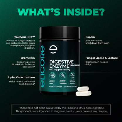 ELICORE Digestive Enzyme Pro Blend – Bromelain & Papaya, Gluten-Free, 60 Veg Caps