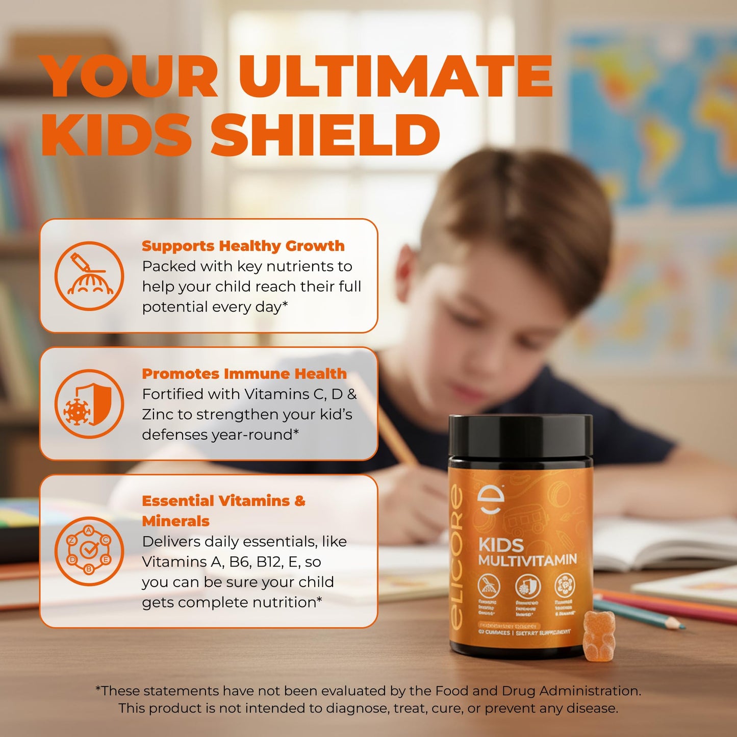 ELICORE Kids Multivitamin Gummies Strawberry – Immune & Growth Support | Non-GMO, Gluten-Free