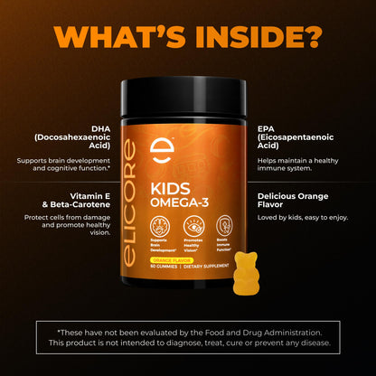ELICORE Kids Omega-3 Gummies DHA & EPA - Non-GMO, Gluten-Free, Orange Flavor | 60 Count